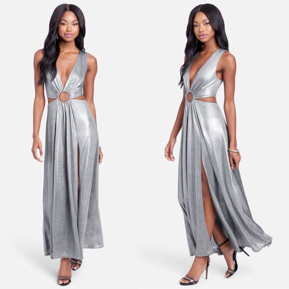 bebe Ring Detail Sparkle Knit Cut-Out Maxi Dress Womens Small Silver Metallic - Picture 1 of 16